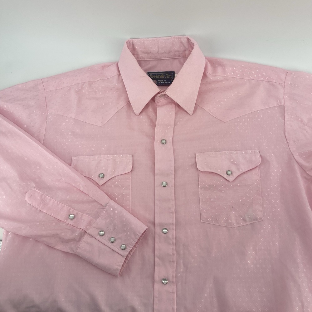 Vintage Panhandle Slim Western Shirt Pink Snap 17-34 Made in USA Cowboy 80s